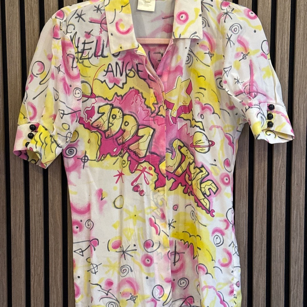 Escada Graffiti Button Down Shirt - Pink, Yellow, and Black
